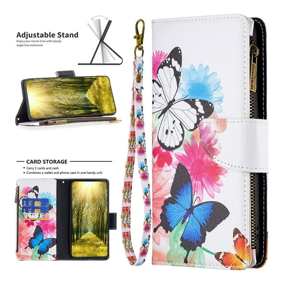 Nalacover for Samsung Galaxy A14 5G Zipper Wallet Case with Card Slots Holder, Floral Flower Pattern PU Leather Cover for Women Girls, Wrist Strap Kickstand Magnetic Clasp Case,White/Blue Butterfly