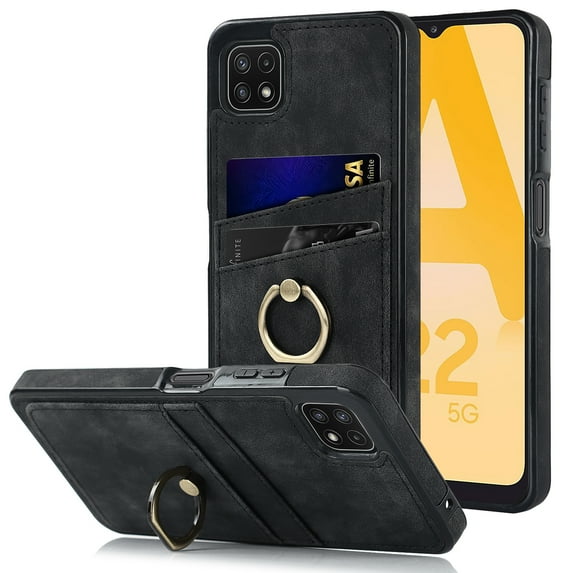 Nalacover for Samsung Galaxy A22 5G Wallet Case, Premium PU Leather Soft TPU Anti-Drop Card Slots with 360 Finger Ring Holder Kickstand Back Phone Cover For Samsung Galaxy A22 5G, Black