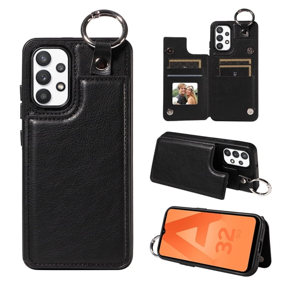 Nalacover for Samsung Galaxy A32 5G Wallet Case with Card Slots & Metal Finger Ring, Durable PU Leather Back Double Magnetic Botton Flip Kickstand Purse Shockproof Phone Case,Black