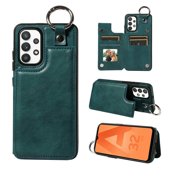 Nalacover for Samsung Galaxy A32 5G Wallet Case with Card Slots & Metal Finger Ring, Durable PU Leather Back Double Magnetic Botton Flip Kickstand Purse Shockproof Phone Case,Green