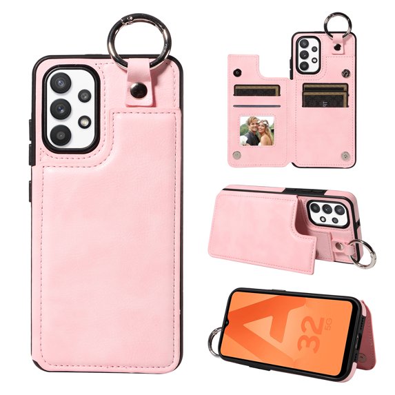 Nalacover for Samsung Galaxy A32 5G Wallet Case with Card Slots & Metal Finger Ring, Durable PU Leather Back Double Magnetic Botton Flip Kickstand Purse Shockproof Phone Case,Rosegold