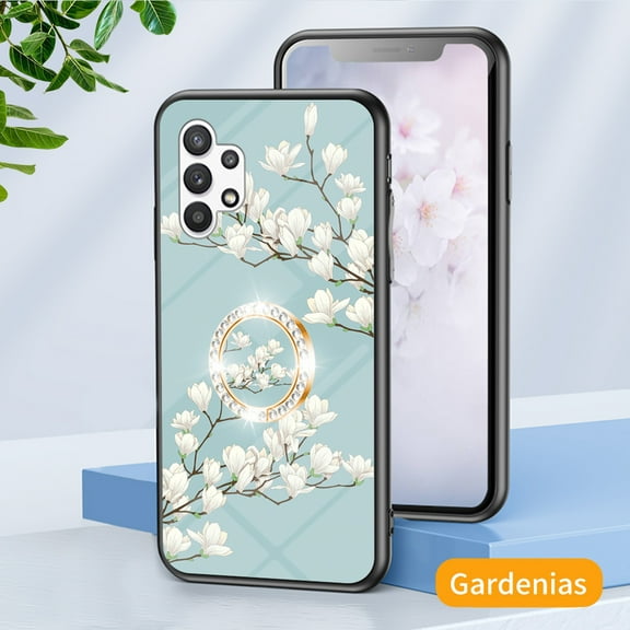 Nalacover for Samsung Galaxy A33 5G Slim Case,Exquisite Floral Pattern 360 Rotating Diamond Ring Holder Anti-Scratch Soft TPU Silicone Bumper Rubber Tempered Glass Back Cover.gardenias