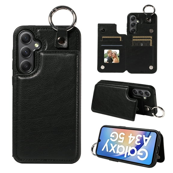 Nalacover for Samsung Galaxy A34 5G Wallet Case with Card Slots & Metal Finger Ring, Durable PU Leather Back Double Magnetic Botton Flip Kickstand Purse Shockproof Phone Case,Black