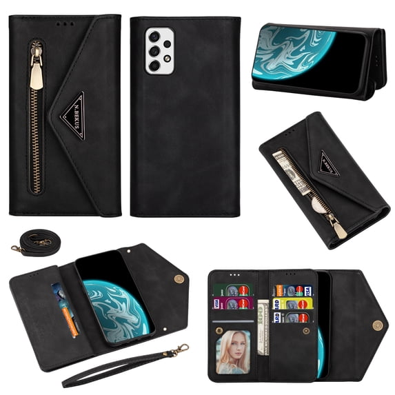 Nalacover for Samsung Galaxy A51 5G Wallet Case,360 Protection PU Leather Soft TPU Magnetic Flip Folding Kickstand Card Slots Zipper Pocket Shockproof Cover with Crossbody Shoulder Strap.Black
