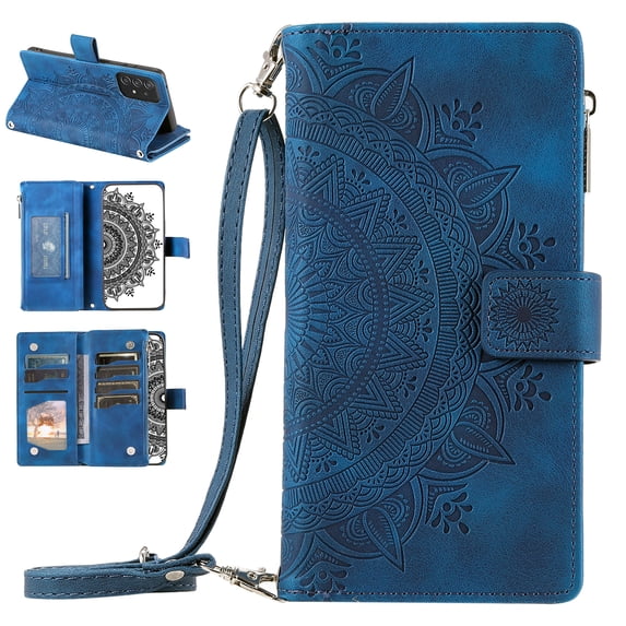 Nalacover for Samsung Galaxy A53 5G Embossed Floral Pattern PU Leather Crossbody Case with Shoulder Strap,Shockproof Magnetic Flip Kickstand Credit Card Slots Zipper Pocket Wallet Phone Case,Blue