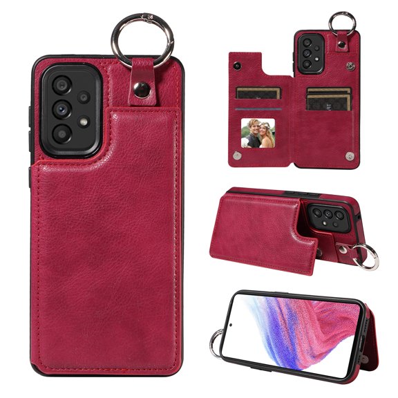Nalacover for Samsung Galaxy A53 5G Wallet Case with Card Slots & Metal Finger Ring, Durable PU Leather Back Double Magnetic Botton Flip Kickstand Purse Shockproof Phone Case,Red