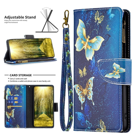 Nalacover for Samsung Galaxy A54 5G Zipper Wallet Case with Card Slots Holder, Floral Flower Pattern PU Leather Flip Cover for Women Girls, Wrist Strap Kickstand Magnetic Clasp Case,Blue Butterfly
