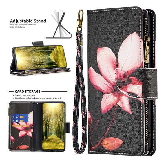 Nalacover for Samsung Galaxy A54 5G Zipper Wallet Case with Card Slots Holder, Floral Flower Pattern PU Leather Flip Cover for Women Girls, Wrist Strap Kickstand Magnetic Clasp Case,Lotus