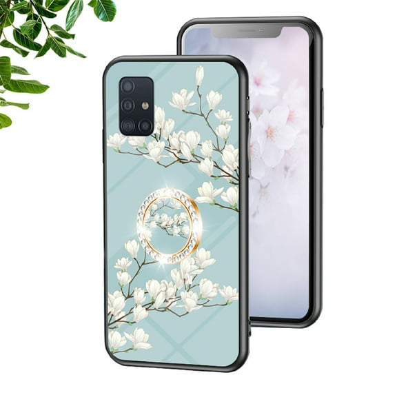 Nalacover for Samsung Galaxy A71 5G Slim Case,Exquisite Floral Pattern 360 Rotating Diamond Ring Holder Anti-Scratch Soft TPU Silicone Bumper Rubber Tempered Glass Back Cover.Gardenias