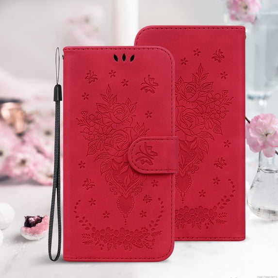 Nalacover for Samsung Galaxy A73 5G Wallet Case,Luxury Embossed Sun Flower Pattern PU Leather Soft TPU Magnetic Flip Folio Credit Card Holder Shockproof for Women Men Cover+Wrist Strap.Red