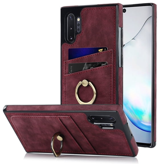 Nalacover for Samsung Galaxy Note 10 Plus Wallet Case, Premium PU Leather Soft TPU Anti-Drop Card Slots with 360 Finger Ring Holder Kickstand Back Phone Cover For Samsung Galaxy Note 10 Plus, Winered