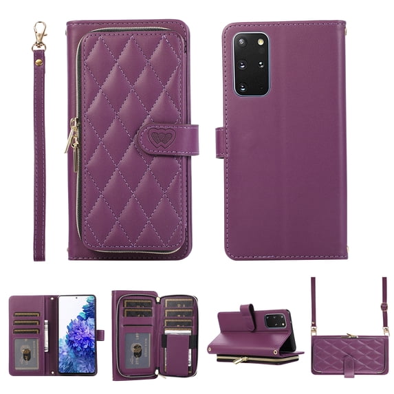 Nalacover for Samsung Galaxy S20+ Premium PU Leather Crossbody Case with Shoulder Strap & Wrist Strap,Shockproof Magnetic Flip Kickstand Credit Card Slots Zipper Wallet Phone Case,Darkpurple