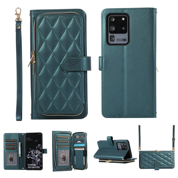 Nalacover for Samsung Galaxy S20 Ultra Premium PU Leather Crossbody Case with Shoulder Strap & Wrist Strap,Shockproof Magnetic Flip Kickstand Credit Card Slots Zipper Wallet Phone Case,Darkgreen