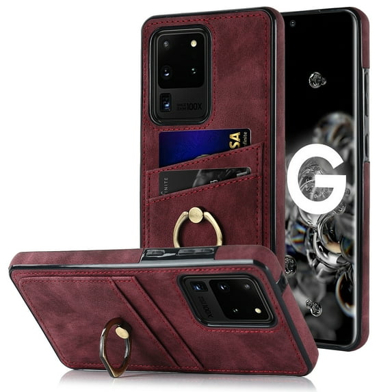 Nalacover for Samsung Galaxy S20 Ultra Wallet Case, Premium PU Leather Soft TPU Anti-Drop Card Slots with 360 Finger Ring Holder Kickstand Back Phone Cover For Samsung Galaxy S20 Ultra, Winered