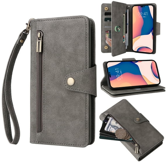 Nalacover For Samsung Galaxy S21 5G Zipper Wallet Case,360 Protection Stylish PU Leather Shockproof Magnetic Flip Holder 6 Card Slots and 2 Cash Pockets Cover with Detachable Wrist Strap,Gray