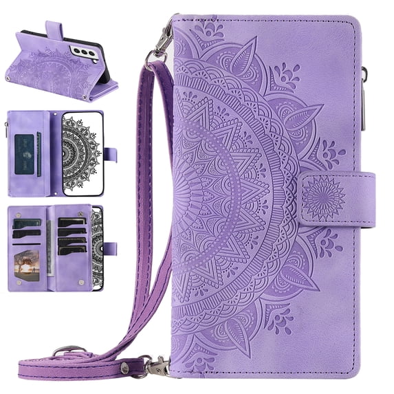 Nalacover for Samsung Galaxy S21+ Embossed Floral Pattern PU Leather Crossbody Case with Shoulder Strap,Shockproof Magnetic Flip Kickstand Credit Card Slots Zipper Pocket Wallet Phone Case,Purple