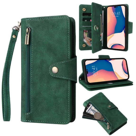 Nalacover For Samsung Galaxy S21 FE 5G Zipper Wallet Case,360 Protection Stylish PU Leather Shockproof Magnetic Flip Holder 6 Card Slots and 2 Cash Pockets Cover with Detachable Wrist Strap,Green