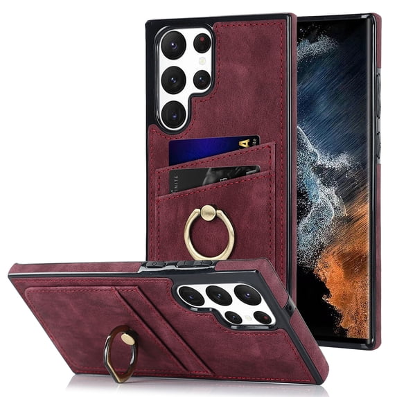 Nalacover for Samsung Galaxy S21 FE 6.4 inch Wallet Back Case,Luxury PU Leather Soft TPU Anti-Drop Shockproof Two Card Slots with Finger Ring Holder Kickstand Ultra Slim Phone Cover.Winered