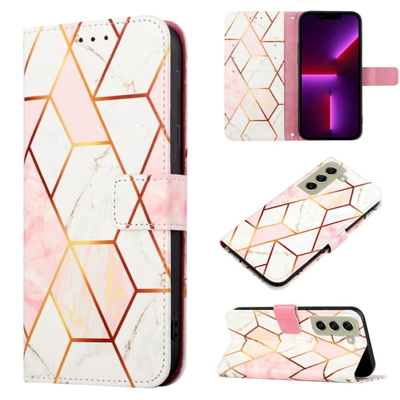 Nalacover for Samsung Galaxy S21 FE PU Leather Wallet Case,Stylish Marble Pattern Magnetic Clasp Flip Kickstand Cash Pocket Wireless Charging+Wrist Strap Cover for Girls Women,Pink & White
