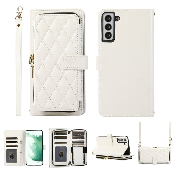 Nalacover for Samsung Galaxy S21 FE Premium PU Leather Crossbody Case with Shoulder Strap & Wrist Strap,Shockproof Magnetic Flip Kickstand Credit Card Slots Zipper Wallet Phone Case,White