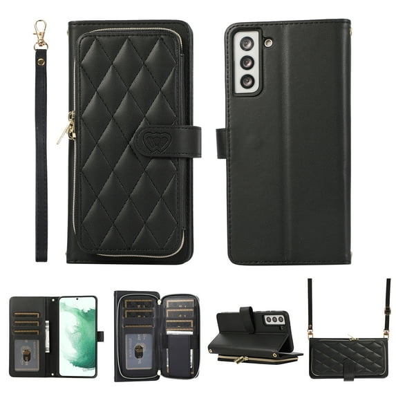 Nalacover for Samsung Galaxy S21 FE Premium PU Leather Crossbody Case with Shoulder Strap & Wrist Strap,Shockproof Magnetic Flip Kickstand Credit Card Slots Zipper Wallet Phone Case,Black