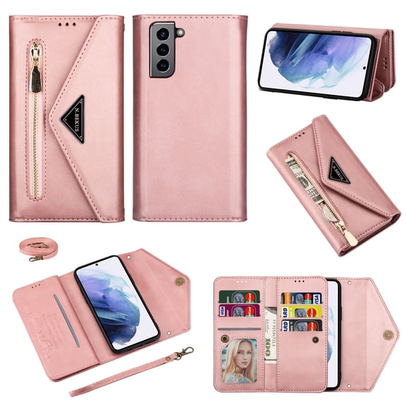 Nalacover for Samsung Galaxy S21 FE Wallet Case,360 Protection PU Leather Soft TPU Magnetic Flip Folding Kickstand Card Slots Zipper Pocket Shockproof Cover with Crossbody Shoulder Strap.Rosegold