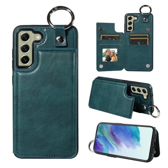 Nalacover for Samsung Galaxy S21 FE Wallet Case with Card Slots & Metal Finger Ring, Durable PU Leather Back Double Magnetic Botton Flip Kickstand Purse Shockproof Phone Case,Green