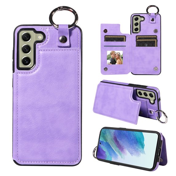 Nalacover for Samsung Galaxy S21 FE Wallet Case with Card Slots & Metal Finger Ring, Durable PU Leather Back Double Magnetic Botton Flip Kickstand Purse Shockproof Phone Case,Purple