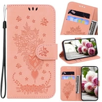 Nalacover for Samsung Galaxy S21 FE Wallet Case,Luxury Embossed Sun Flower Pattern PU Leather Soft TPU Magnetic Flip Folio Book Credit Card Holder Shockproof for Women Men Cover Wrist Strap.Pink