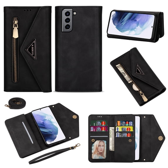 Nalacover for Samsung Galaxy S21 Plus Wallet Case,360 Protection PU Leather Soft TPU Magnetic Flip Folding Kickstand Card Slots Zipper Pocket Shockproof Cover with Crossbody Shoulder Strap.Black