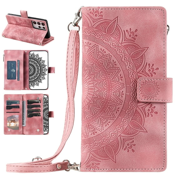 Nalacover for Samsung Galaxy S21 Ultra Embossed Floral Pattern PU Leather Crossbody Case with Shoulder Strap,Shockproof Magnetic Flip Kickstand Credit Card Slots Zipper Pocket Wallet Phone Case,Pink