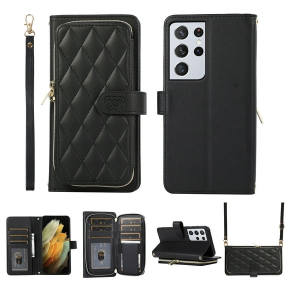 Nalacover for Samsung Galaxy S21 Ultra Premium PU Leather Crossbody Case with Shoulder Strap & Wrist Strap,Shockproof Magnetic Flip Kickstand Credit Card Slots Zipper Wallet Phone Case,Black