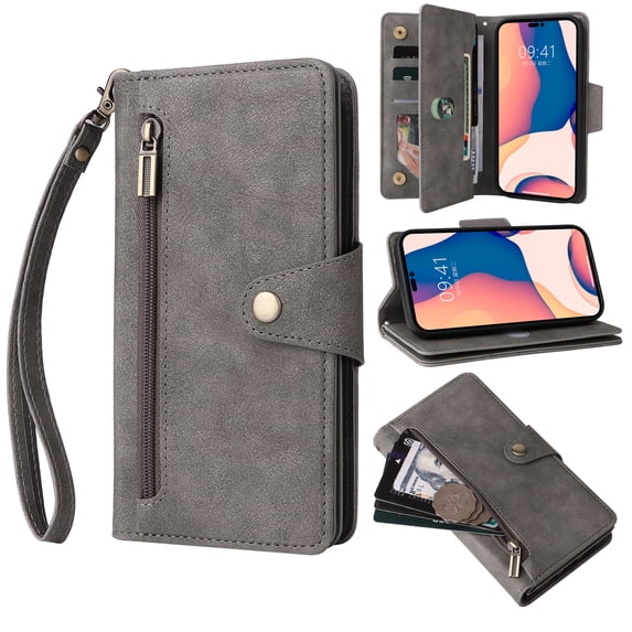 Nalacover For Samsung Galaxy S21 Ultra Zipper Wallet Case,360 Protection Stylish PU Leather Shockproof Magnetic Flip Holder 6 Card Slots and 2 Cash Pockets Cover with Detachable Wrist Strap,Gray