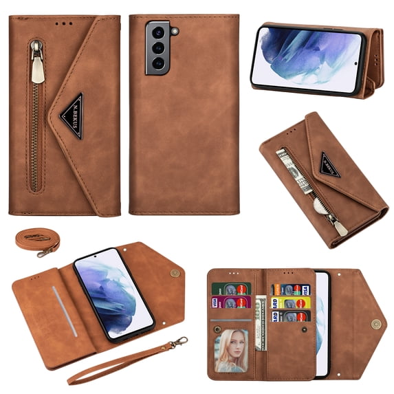 Nalacover for Samsung Galaxy S21 Wallet Case,360 Protection PU Leather Soft TPU Magnetic Flip Folding Kickstand Card Slots Zipper Pocket Shockproof Cover with Crossbody Shoulder Strap.Brown