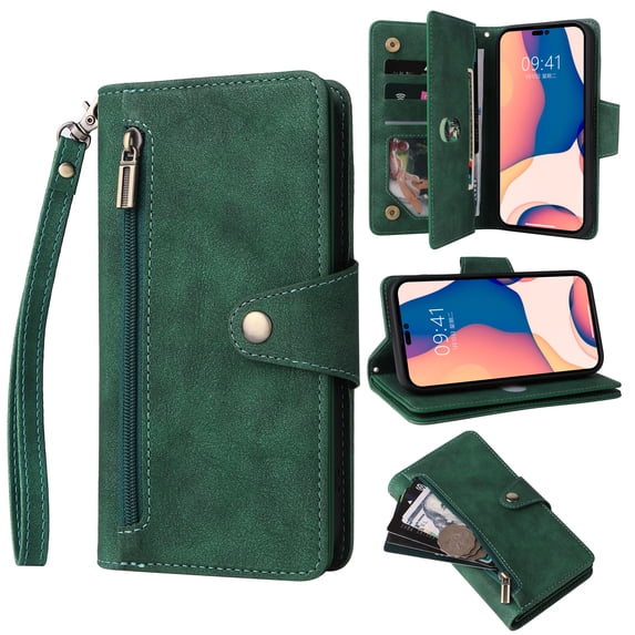 Nalacover For Samsung Galaxy S21+ Zipper Wallet Case,360 Protection Stylish PU Leather Shockproof Magnetic Flip Holder 6 Card Slots and 2 Cash Pockets Cover with Detachable Wrist Strap,Green