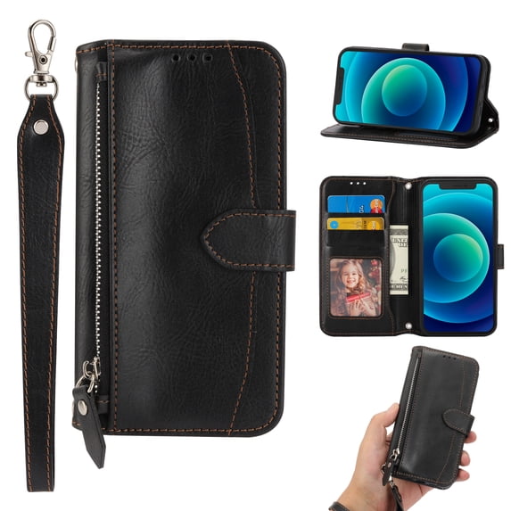 Nalacover for Samsung Galaxy S22 5G Wallet Case,Shockproof Premium PU Leather Magnetic Closure Zipper Flip Kickstand Card Slots Anti-Scratch with Detachable Wrist Strap Phone Cover.Black