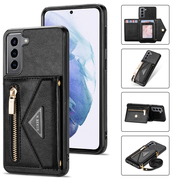 Nalacover for Samsung Galaxy S22 5G Zipper Wallet Case,Luxury PU Leather Back Soft TPU Magnetic Buckle Flip Card Pocket Shockproof Slim Cover with Adjustable Crossbody Shoulder Strap,Black