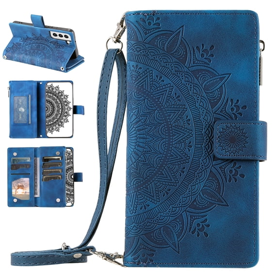 Nalacover for Samsung Galaxy S22 Embossed Floral Pattern PU Leather Crossbody Case with Shoulder Strap,Shockproof Magnetic Flip Kickstand Credit Card Slots Zipper Pocket Wallet Phone Case,Blue