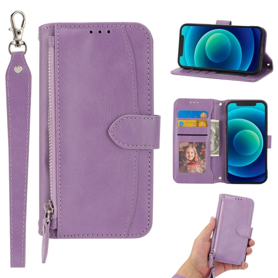 Nalacover for Samsung Galaxy S22 Plus 5G Wallet Case,Shockproof Premium PU Leather Magnetic Closure Zipper Flip Kickstand Card Slots Anti-Scratch with Detachable Wrist Strap Phone Cover.Purple