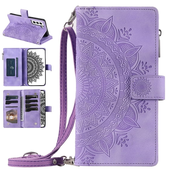 Nalacover for Samsung Galaxy S22 Plus Embossed Floral Pattern PU Leather Crossbody Case with Shoulder Strap,Shockproof Magnetic Flip Kickstand Credit Card Slots Zipper Pocket Wallet Phone Case,Purple