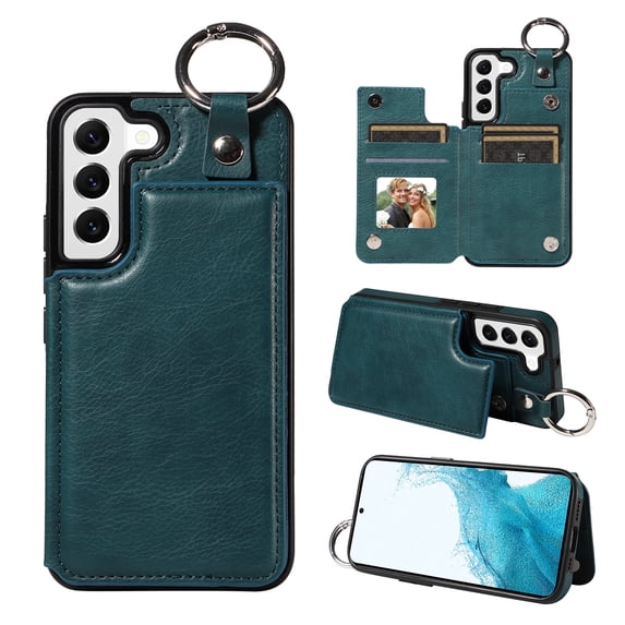Nalacover for Samsung Galaxy S22 Plus Wallet Case with Card Slots & Metal Finger Ring, Durable PU Leather Back Double Magnetic Botton Flip Kickstand Purse Shockproof Phone Case,Green