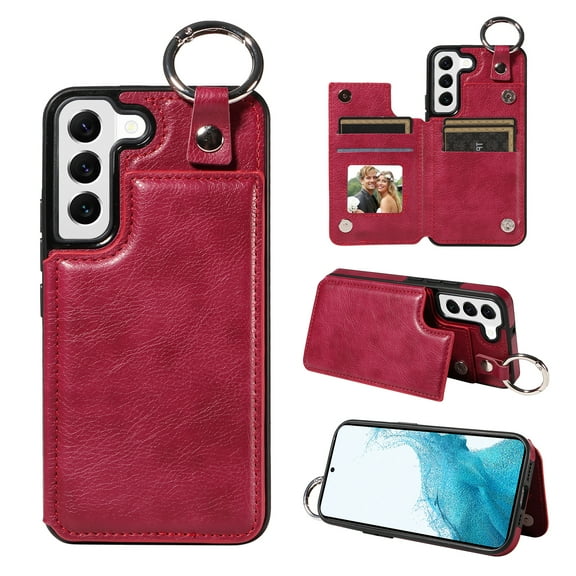 Nalacover for Samsung Galaxy S22 Plus Wallet Case with Card Slots & Metal Finger Ring, Durable PU Leather Back Double Magnetic Botton Flip Kickstand Purse Shockproof Phone Case,Red