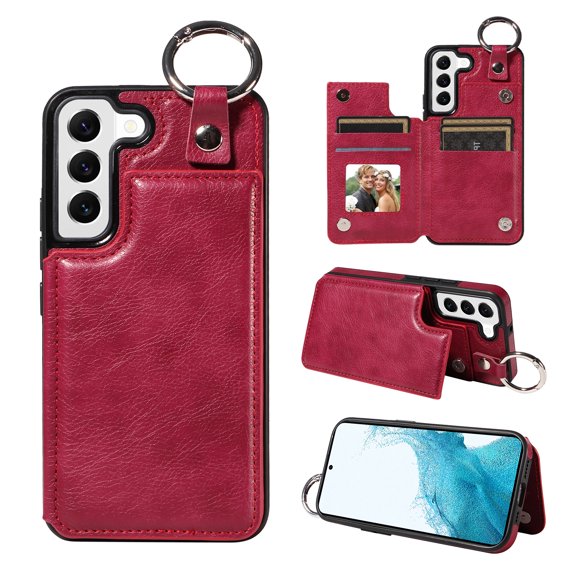Nalacover for Samsung Galaxy S22 Plus Wallet Case with Card Slots & Metal Finger Ring, Durable PU Leather Back Double Magnetic Botton Flip Kickstand Purse Shockproof Phone Case,Red