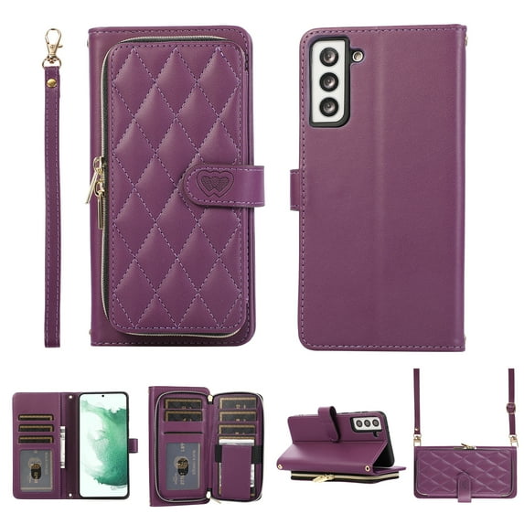 Nalacover for Samsung Galaxy S22 Premium PU Leather Crossbody Case with Shoulder Strap & Wrist Strap,Shockproof Magnetic Flip Kickstand Credit Card Slots Zipper Wallet Phone Case,Darkpurple