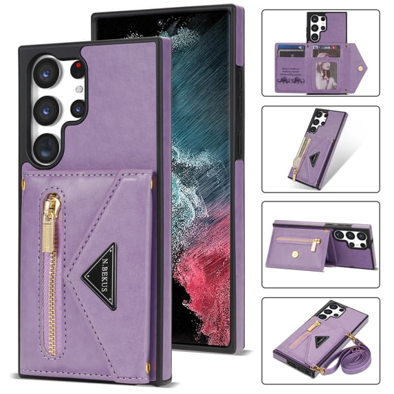 Nalacover for Samsung Galaxy S22 Ultra 5G Zipper Wallet Case,Luxury PU Leather Back Soft TPU Magnetic Buckle Flip Card Pocket Shockproof Slim Cover with Adjustable Crossbody Shoulder Strap,Purple