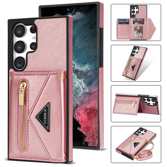 Nalacover for Samsung Galaxy S22 Ultra 5G Zipper Wallet Case,Luxury PU Leather Back Soft TPU Magnetic Buckle Flip Card Pocket Shockproof Slim Cover with Adjustable Crossbody Shoulder Strap,Pink