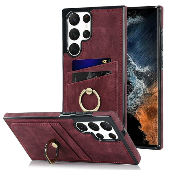 Nalacover for Samsung Galaxy S22 Ultra 6.8 inch Wallet Back Case,Luxury PU Leather Soft TPU Anti-Drop Shockproof Two Card Slots with Finger Ring Holder Kickstand Ultra Slim Phone Cover.Winered