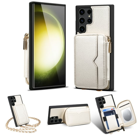 Nalacover for Samsung Galaxy S22 Ultra Crossbody Wallet Case for Women Men,Premium PU Leather Zipper Pocket ID Credit Card Slots Kickstand Phone Case with Removable Metal Shoulder Strap,White