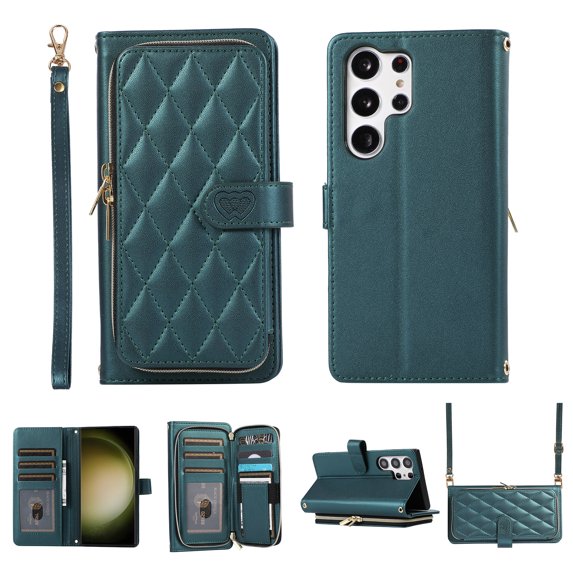 Nalacover for Samsung Galaxy S22 Ultra Premium PU Leather Crossbody Case with Shoulder Strap & Wrist Strap,Shockproof Magnetic Flip Kickstand Credit Card Slots Zipper Wallet Phone Case,Darkgreen
