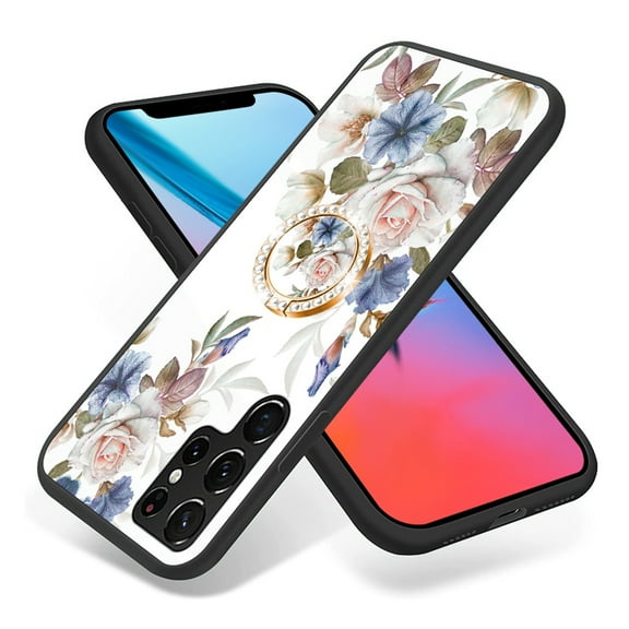 Nalacover for Samsung Galaxy S22 Ultra Slim Case,Exquisite Floral Pattern 360 Rotating Diamond Ring Holder Anti-Scratch Soft TPU Silicone Bumper Rubber Tempered Glass Back Cover.White